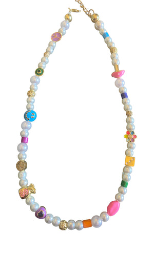 Eclectic Pearl and Enamel Charm Choker Necklace