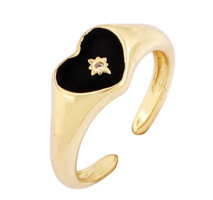 Gold Plated Enamel Heart Pendant Adjustable Ring With Rhinestone