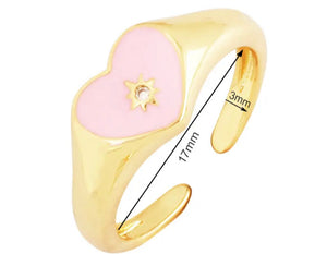 Gold Plated Enamel Heart Pendant Adjustable Ring With Rhinestone