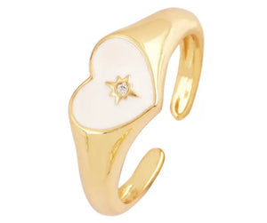 Gold Plated Enamel Heart Pendant Adjustable Ring With Rhinestone