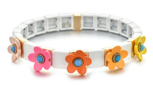 Square Shape Enamel Tile Bracelet With Daisies